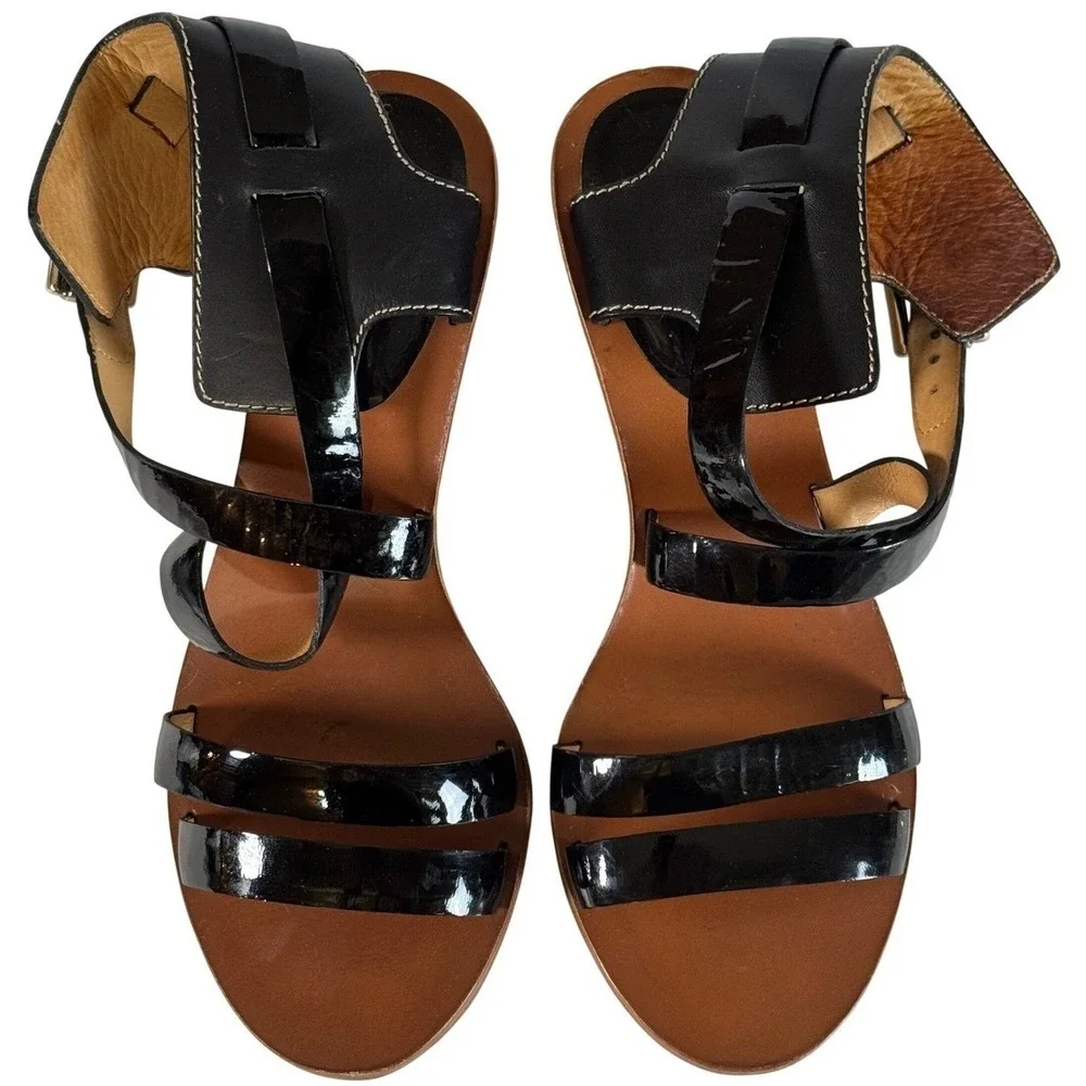 Coach Black Leather Patent Wedge Sandals Ankle Strap 3